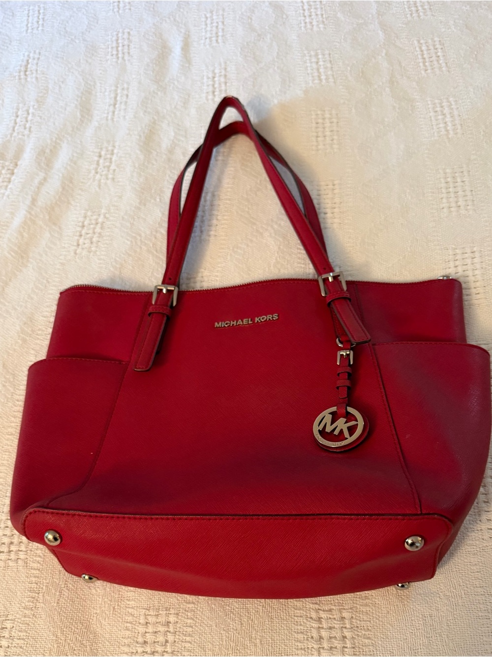 Michael Kors Bright Red Saffiano Leather Tote with MK Pendant